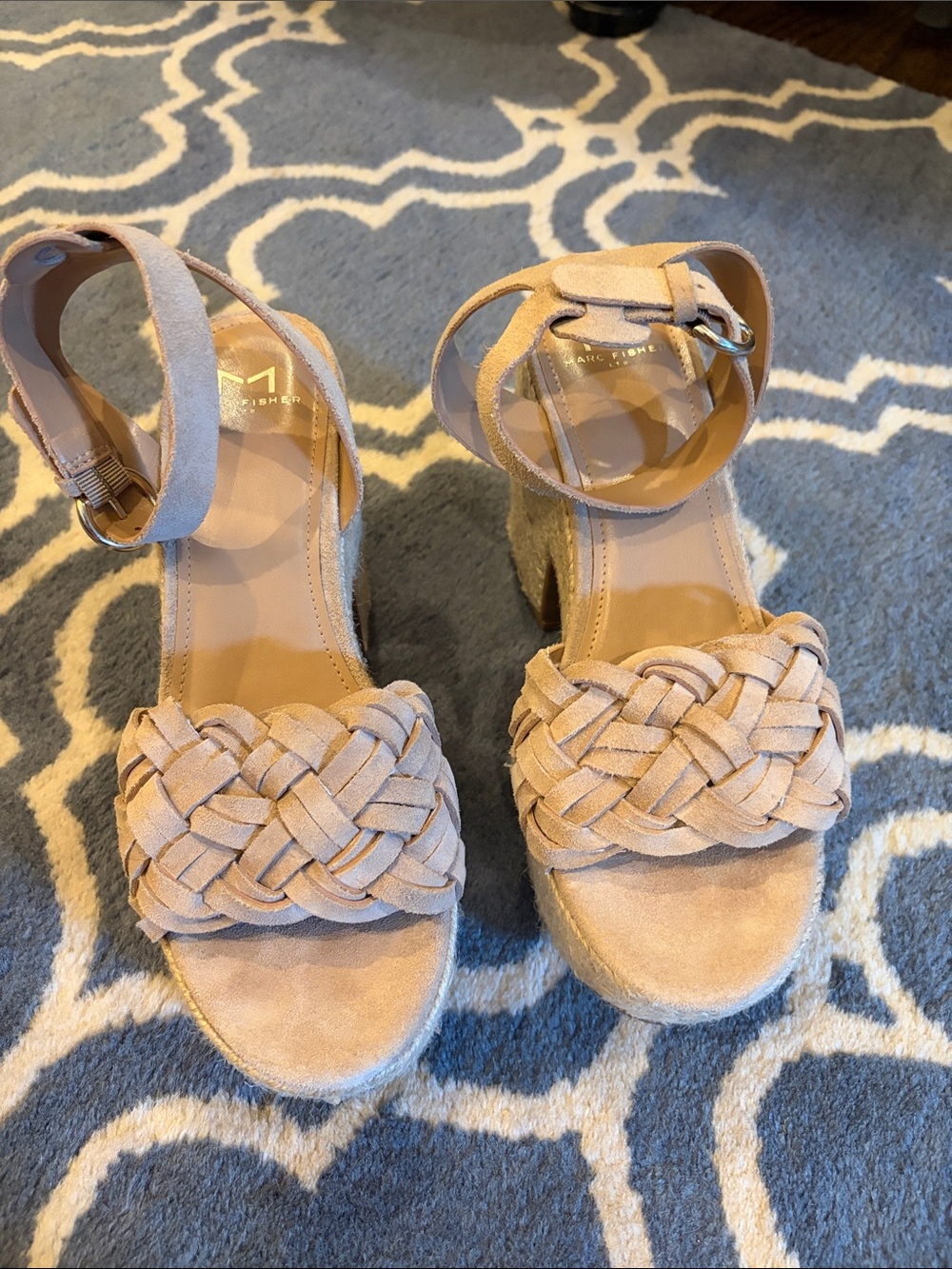 Marc Fisher Braided Tan Suede Wedge Sandals with Ankle Strap